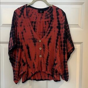 Vici Red and Black Buttoned Tie-Dye Blouse